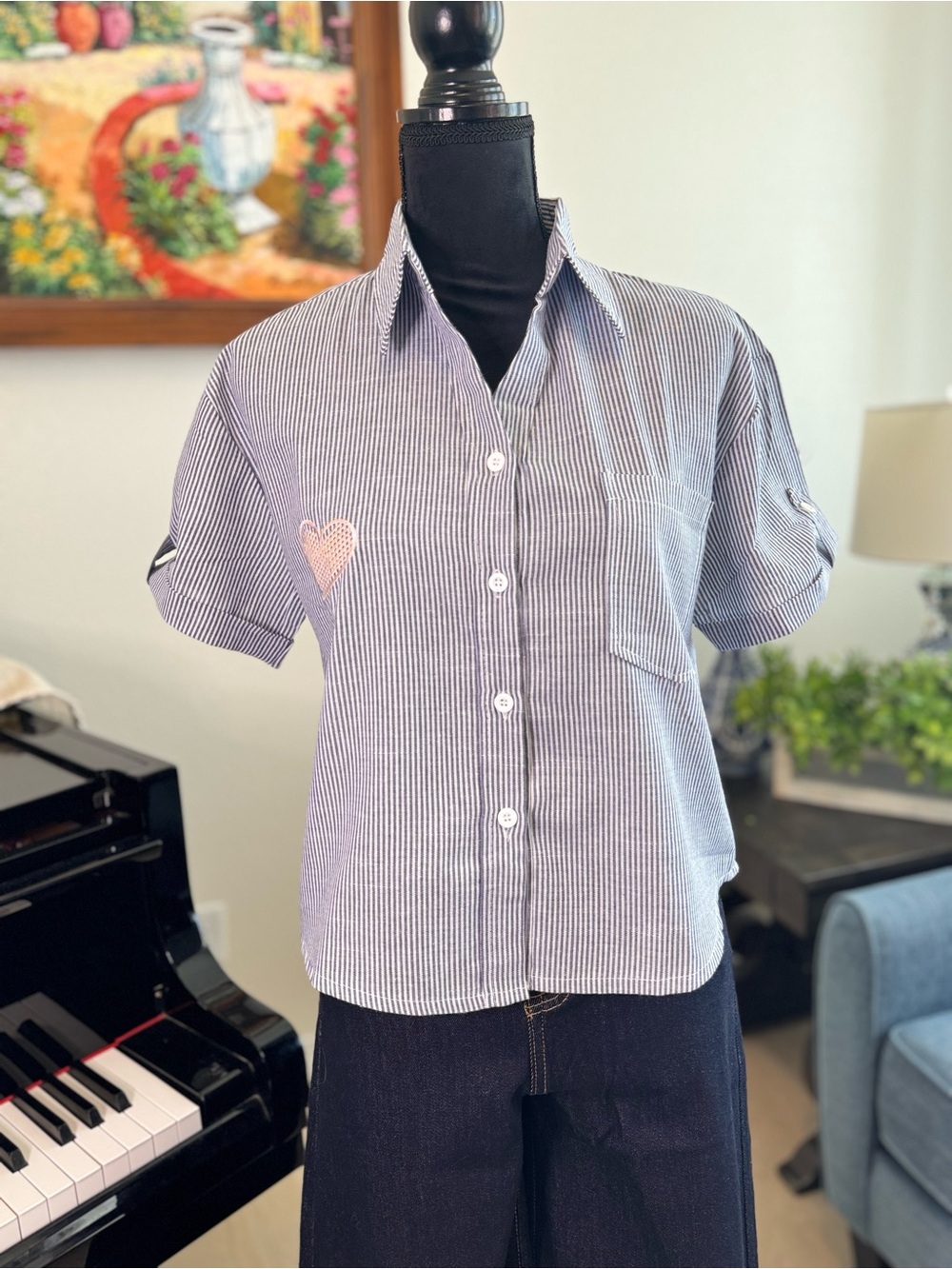 Navy & White Striped Button-Down Shirt with Heart Detail